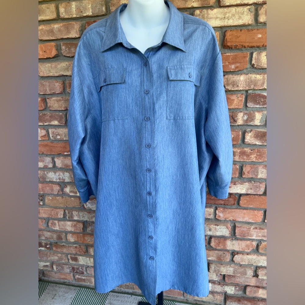 This shimmering shirtdress in  slate blue.Linea by Louis Dell'Olio size 3x